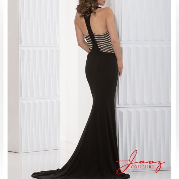 La Femme Sleeveless Mesh Cut Out Bling Formal Full Length Black Evening Dress 8 - Picture 4 of 16